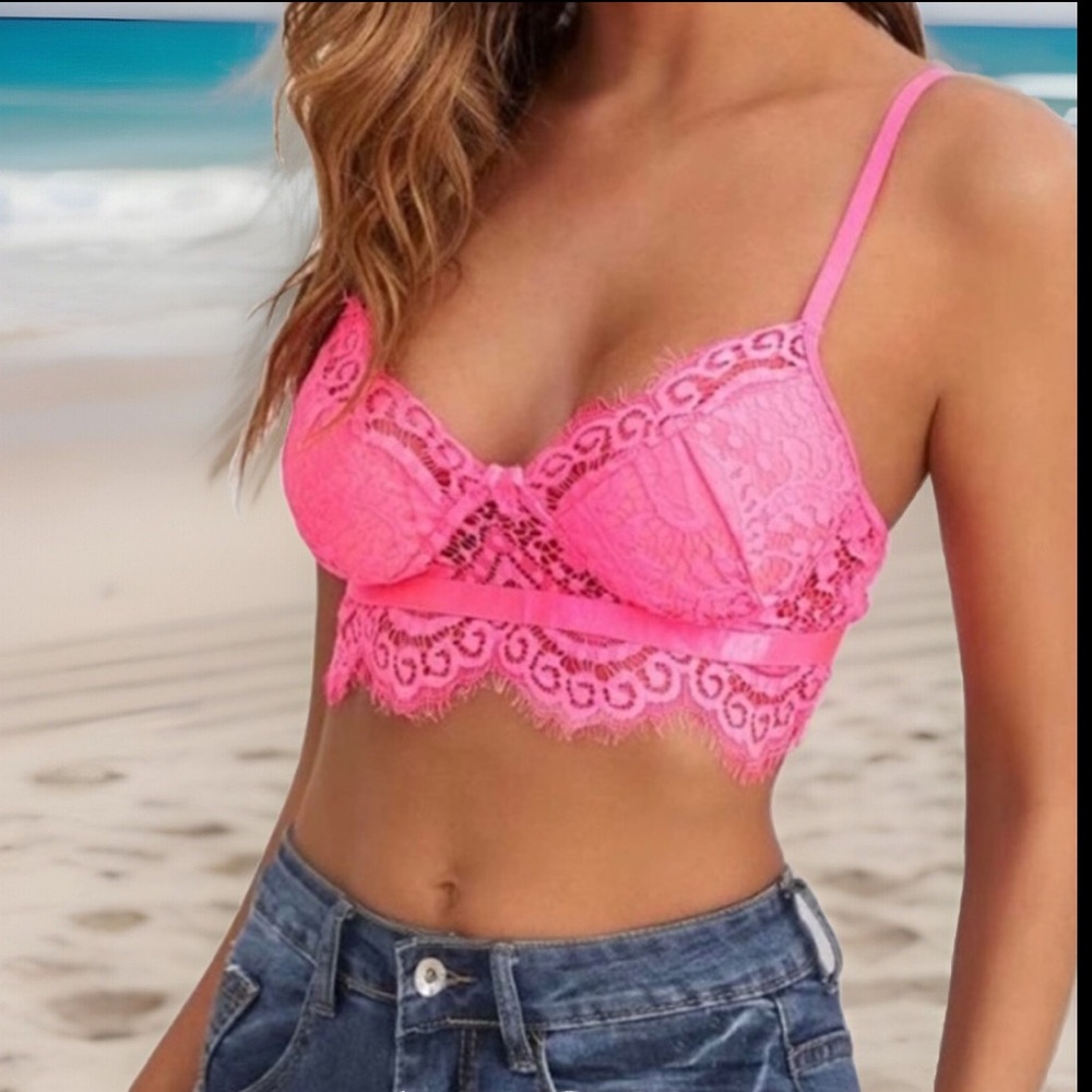 Unique Watermelon Pink Adjustable Spaghetti Straps Eyelash Lace Crop Bralette